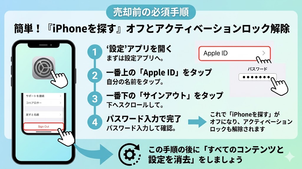 設定アプリからサインアウトする手順